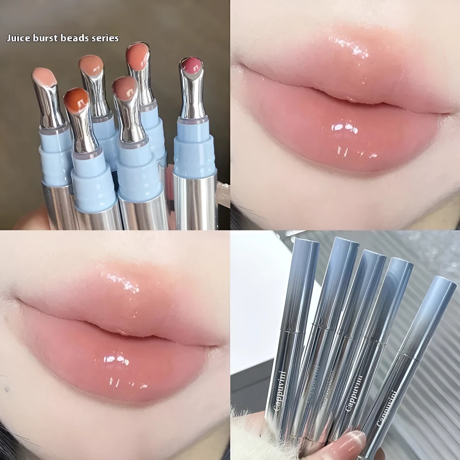 Mirror Water Light lipstick in six shades: Almond Ice, Silver Ice, Pear Ice, Raspberry Ice, Peach Gum Ice, Pomegranate Ice.
