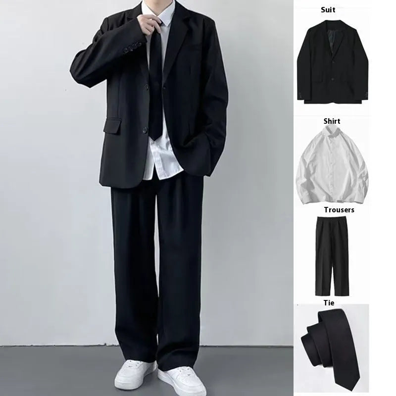 Men's plus size college style suit jacket set with matching trousers, white shirt and tie
