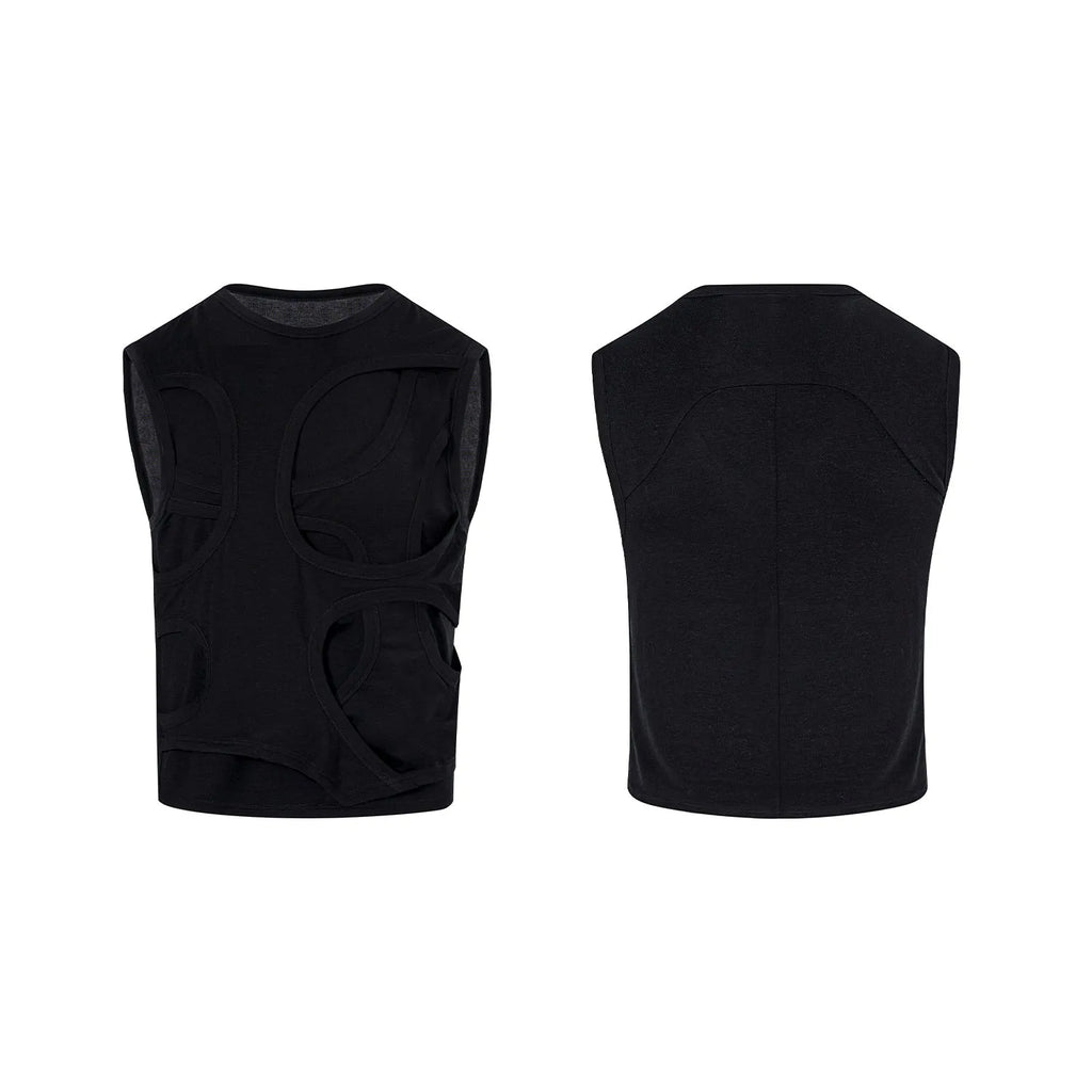Men's solid black lyocell vest with round neck on a grey background.