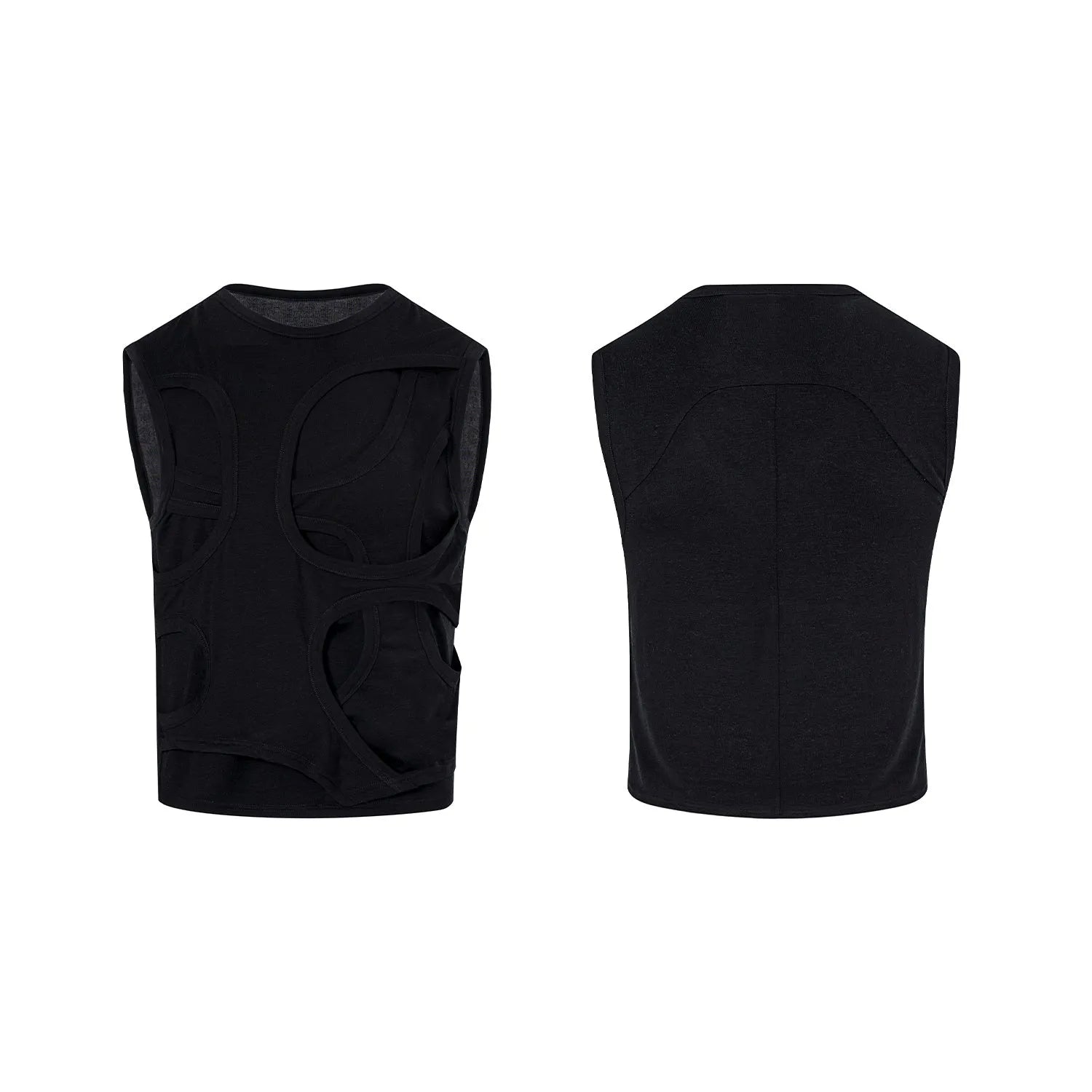 Men's solid black lyocell vest with round neck on a grey background.