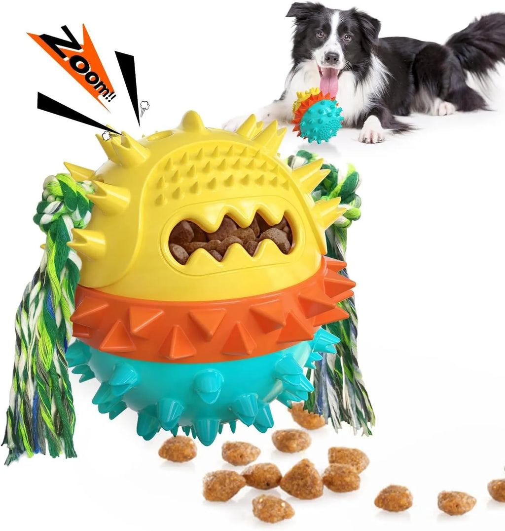 Blue and red squeaky dog chew ball with treat hole and textured surface