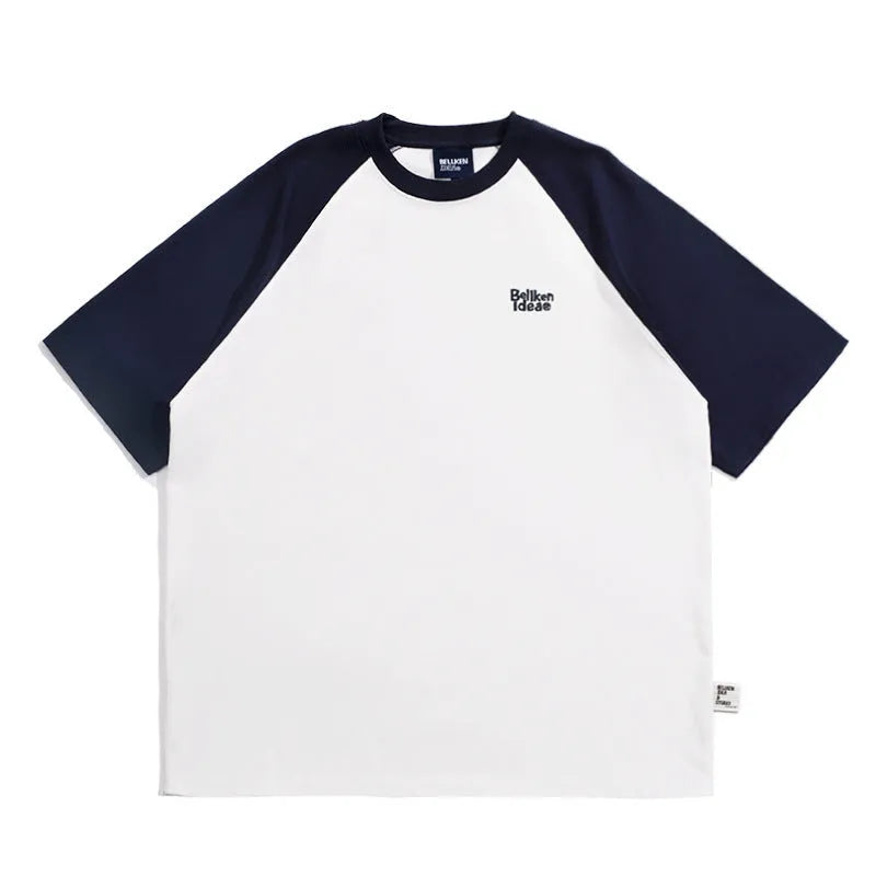 Men's loose blue raglan sleeve T-shirt made from thin polyester blend fabric.
