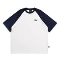 Men's loose blue raglan sleeve T-shirt made from thin polyester blend fabric.