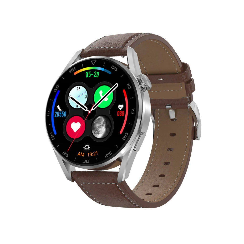 Black smart watch with metal wristband and 1.3-inch screen displaying Bluetooth call interface.
