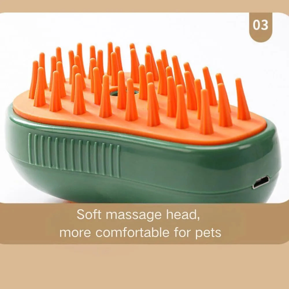 Green and white 3 in 1 cat steam brush with water spray, silicone teeth, showing 11cm size