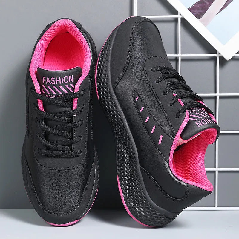 Women's PU leather casual sneakers with round toe and flat heel, solid colour low top design