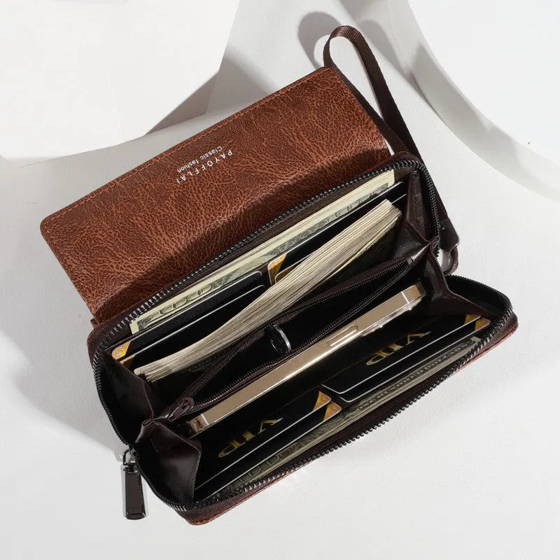 Men's black PU leather long wallet with multiple card slots, shown open.