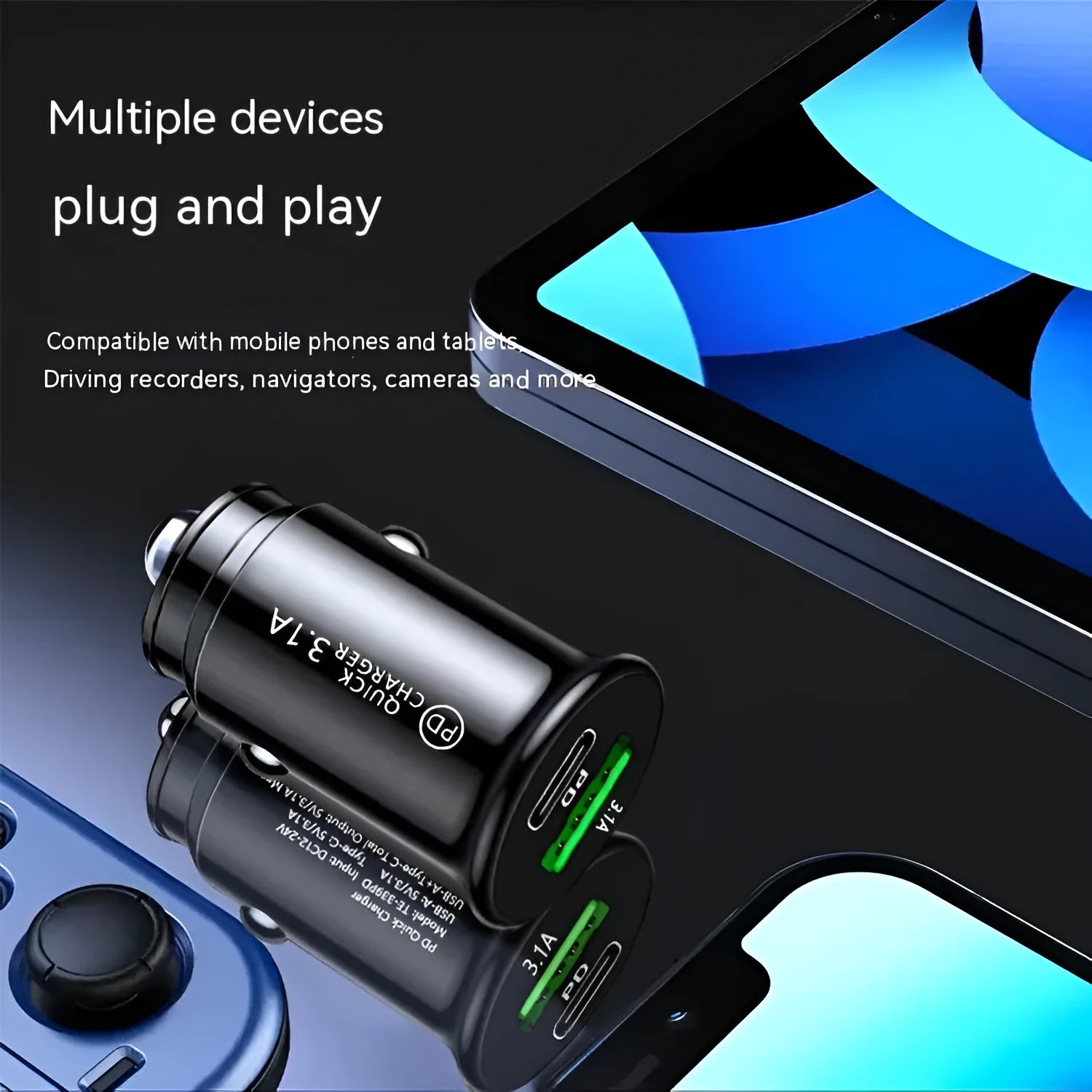 Black and white dual-port car charger with USB-A and USB-C ports for 12V vehicle sockets
