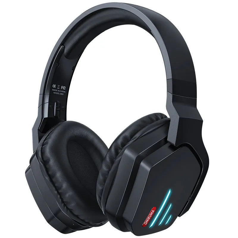 Luminous black wireless stereo headphones with LED lighting, head-mounted design