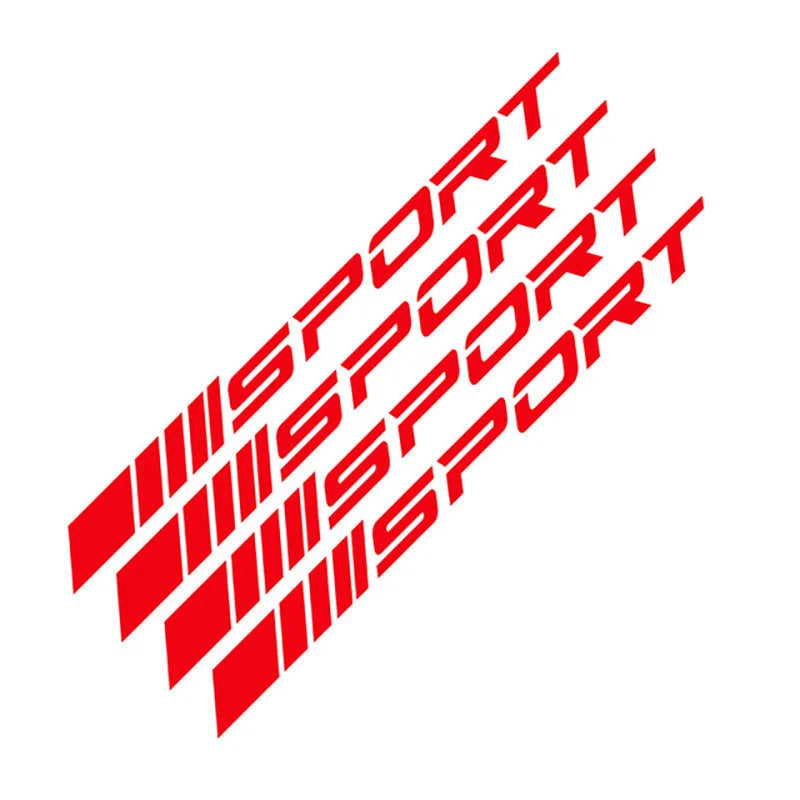 Red hollow sports design car rim sticker on a silver alloy wheel.