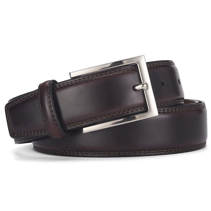 Men's black leather belt with a silver alloy pin buckle on a white background