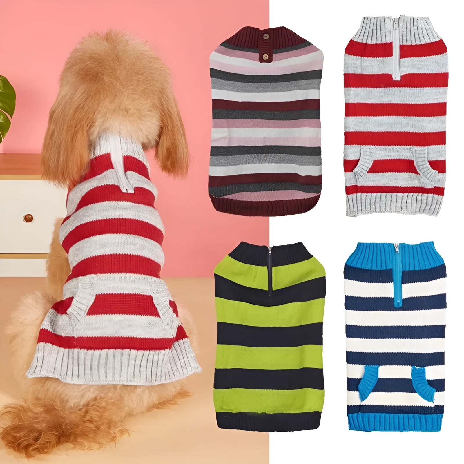 Grey acrylic dog sweater with horizontal zipper and button pocket for small to medium-sized dogs