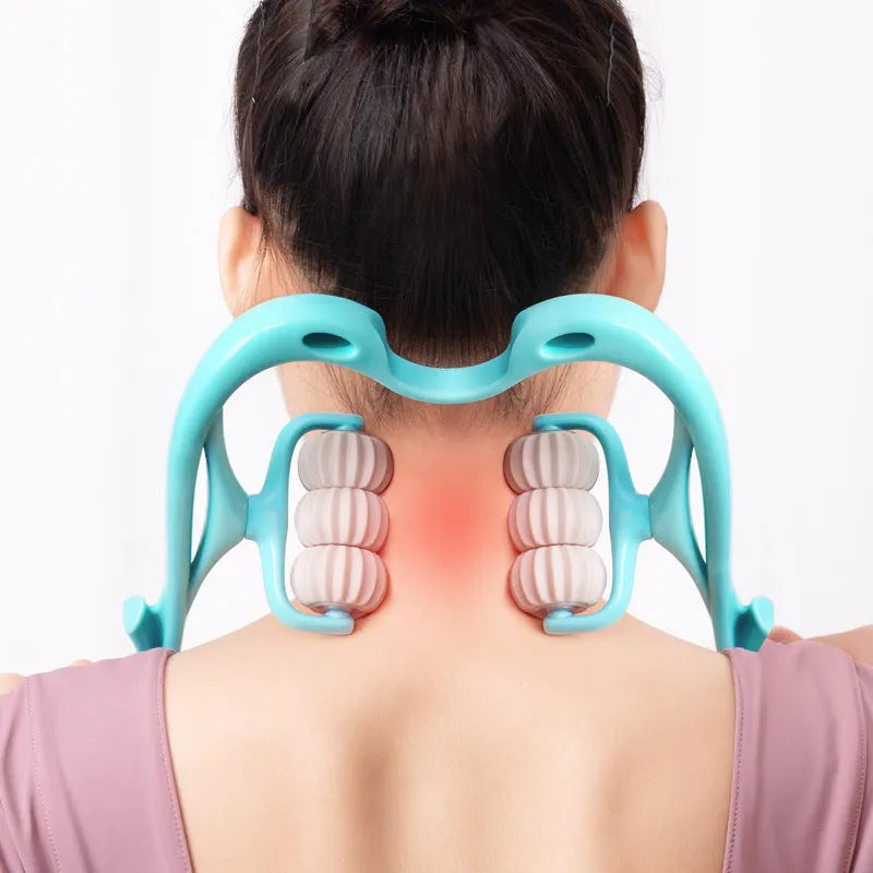 Blue plastic six-wheel handheld massager for neck and shoulders