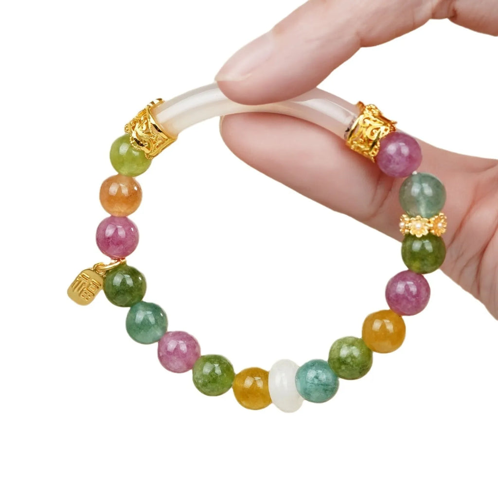 Women's rainbow tourmaline half bracelet with electroplated finish on natural jade pith stones