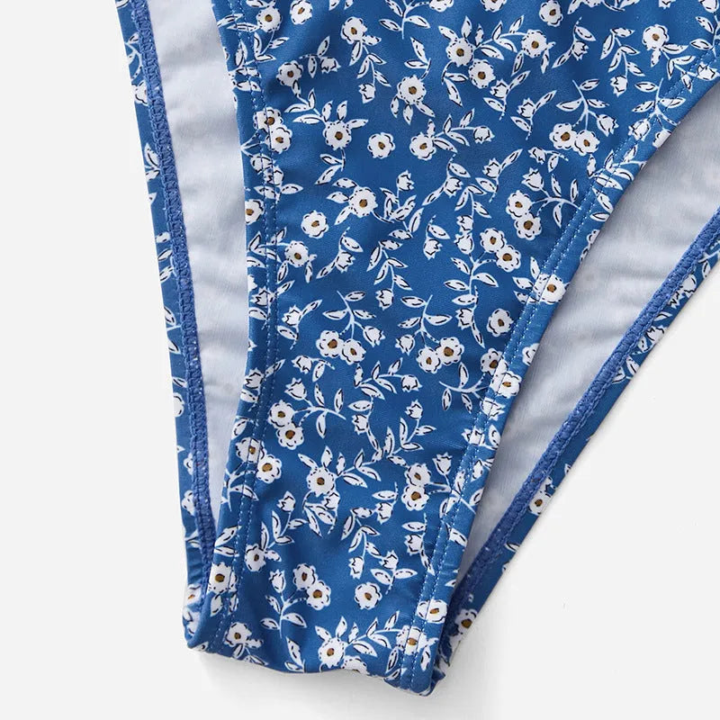 Blue polyester swimsuit three-piece set without steel ring, showing top and shorts