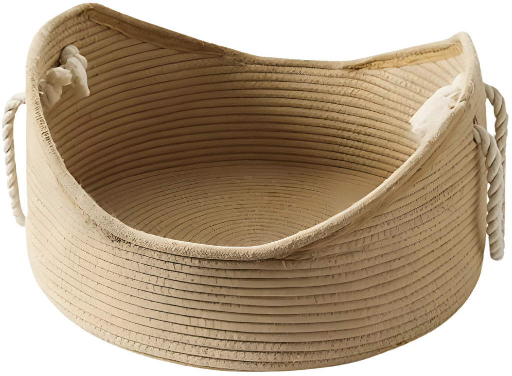 Wicker-style cat bed basket with a corrugated scratching board inside.