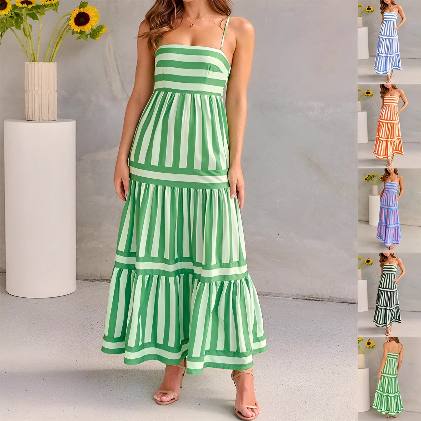 Women's striped backless summer dress with suspender straps and side pockets in a blue colour.