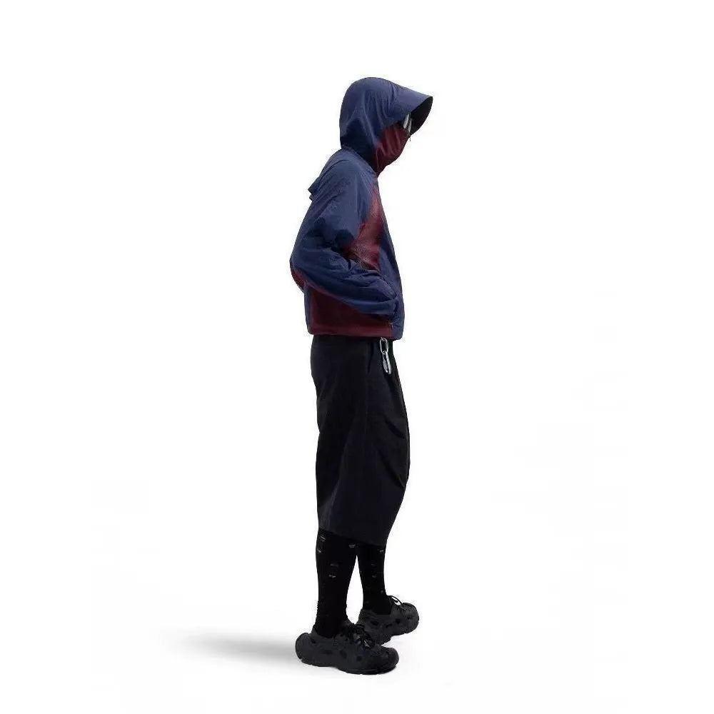 Nylon sun protective clothes with mesh stitching in desert brown, light grey, red, and blue colours.