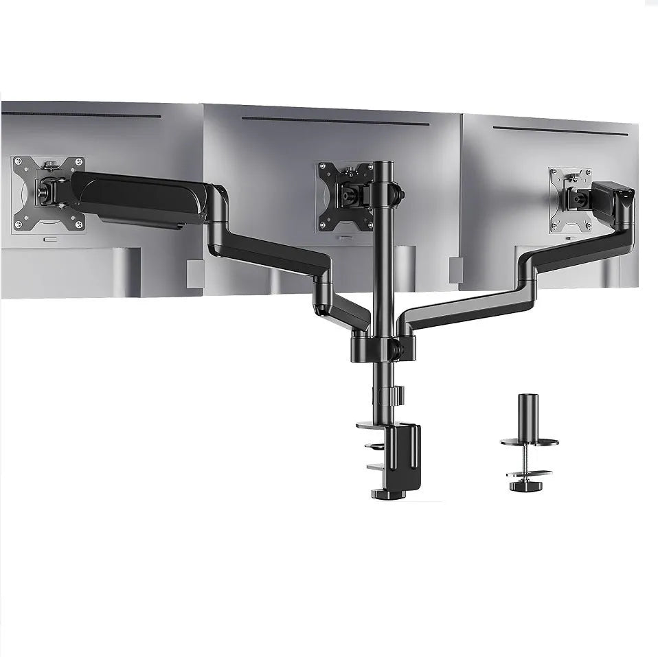 Black three-arm gas spring computer monitor arm for 13 to 27 inch screens with aluminium alloy construction