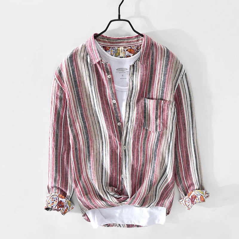 Men's striped linen shirt in loose fit with long sleeves for casual wear