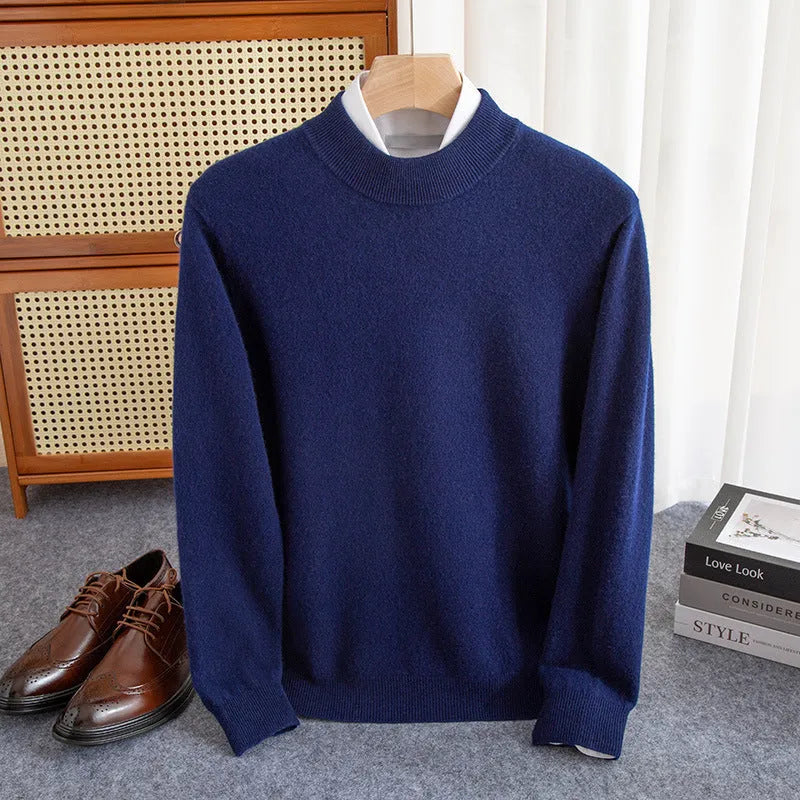 Man wearing a loose-fit half-collar wool sweater in a light business style for winter.