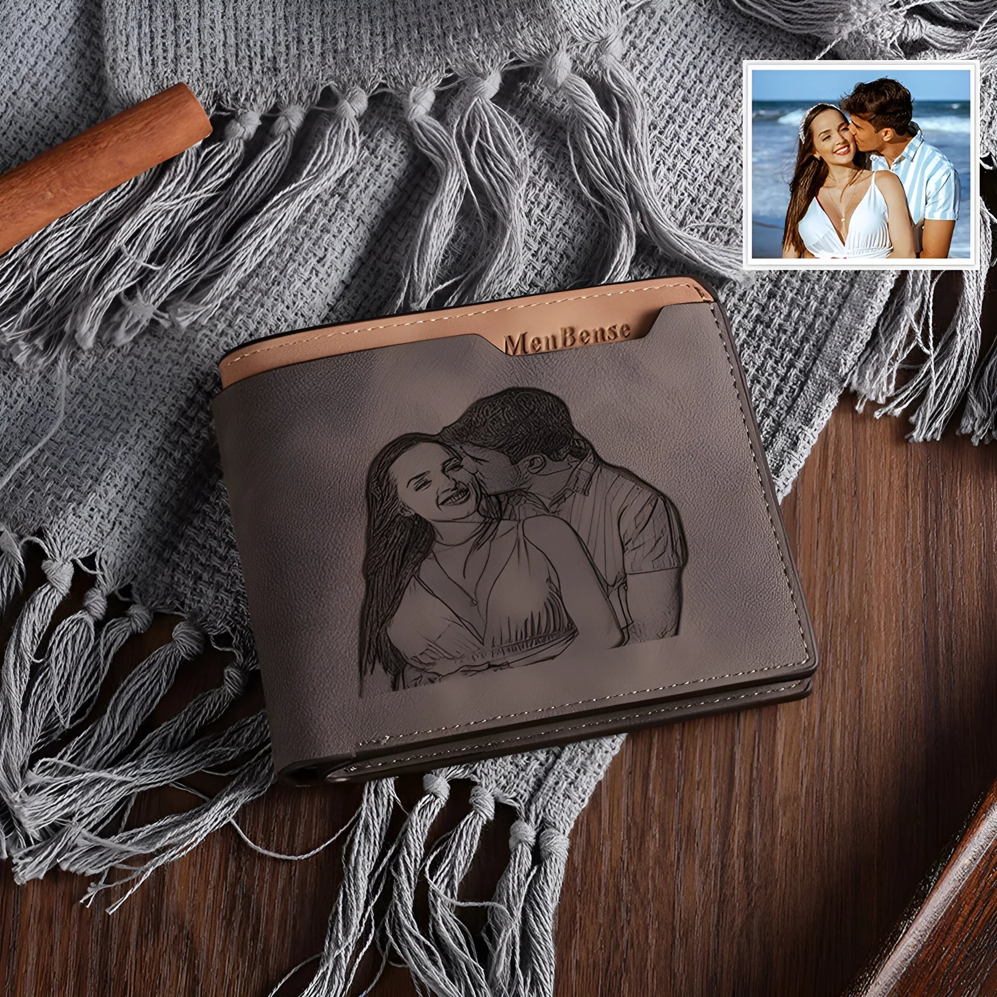 Engraved coffee coloured PU horizontal short wallet with custom lettering, shown with dimensions 120mm by 99mm.
