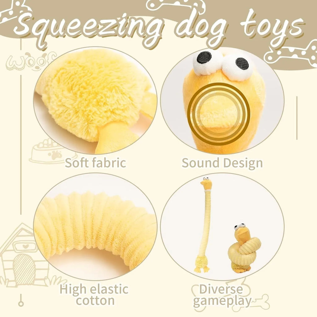 Brown, grey and yellow plush squeaky dog toys with crinkle sounds and foldable design