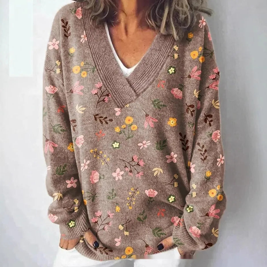 Women's V-neck sweatshirt with 3D floral printed pattern in art retro style