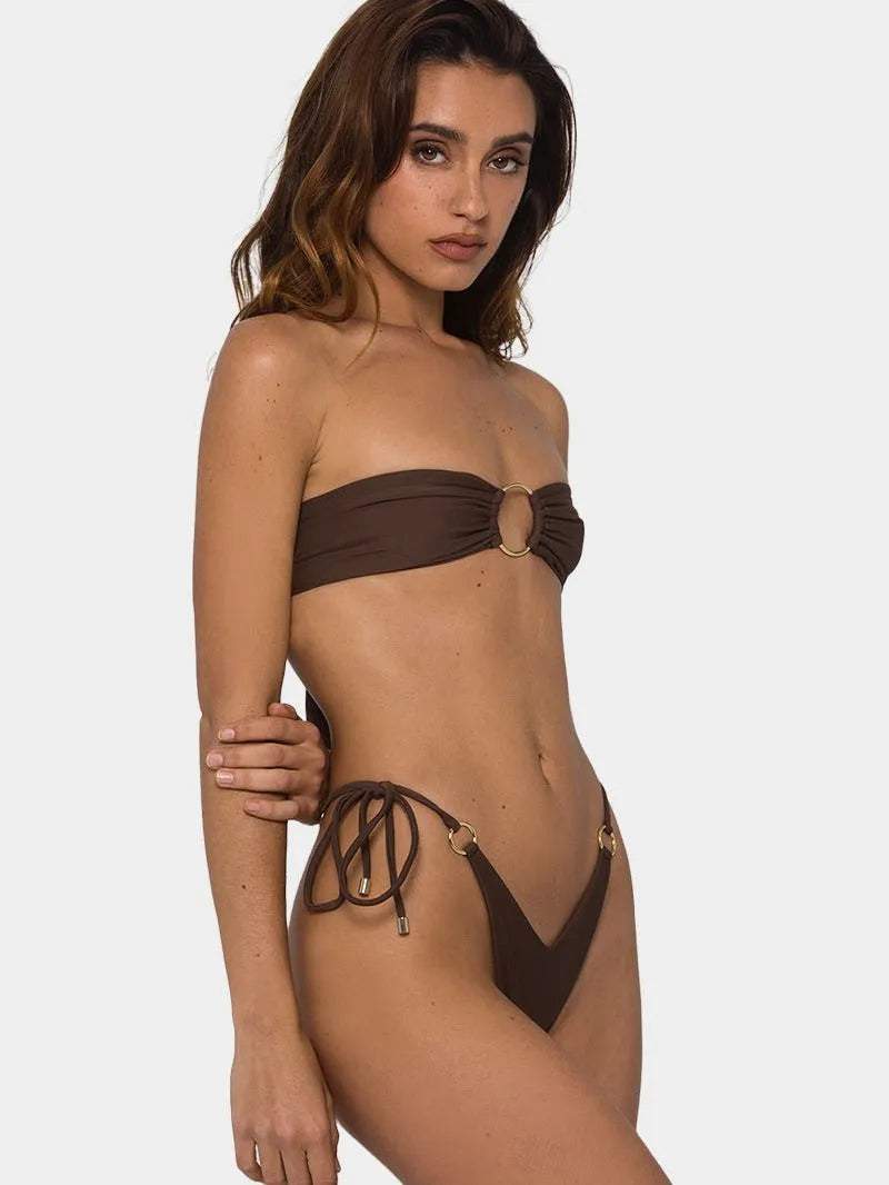 Brown tube-top bikini swimsuit with split design for women