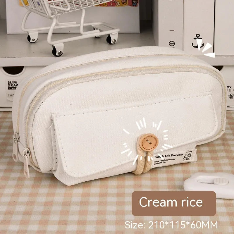 Green Korean-style canvas pencil case with zip, large enough to hold 80 pens.
