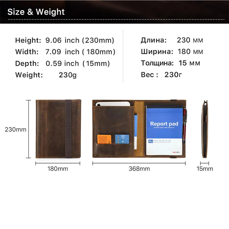 Brown Crazy Horse leather A5 notebook protective sleeve with multi-function pockets