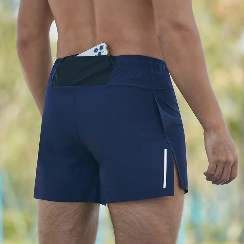 Men's black off-road running shorts with high-waist design and loose fit for marathon sports