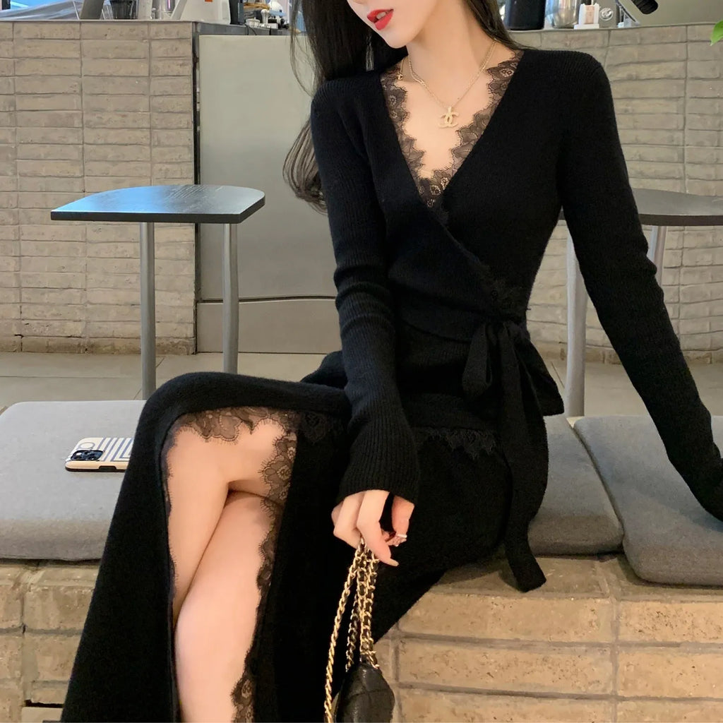 Black women's slim fit woolen skirt with princess dress styling