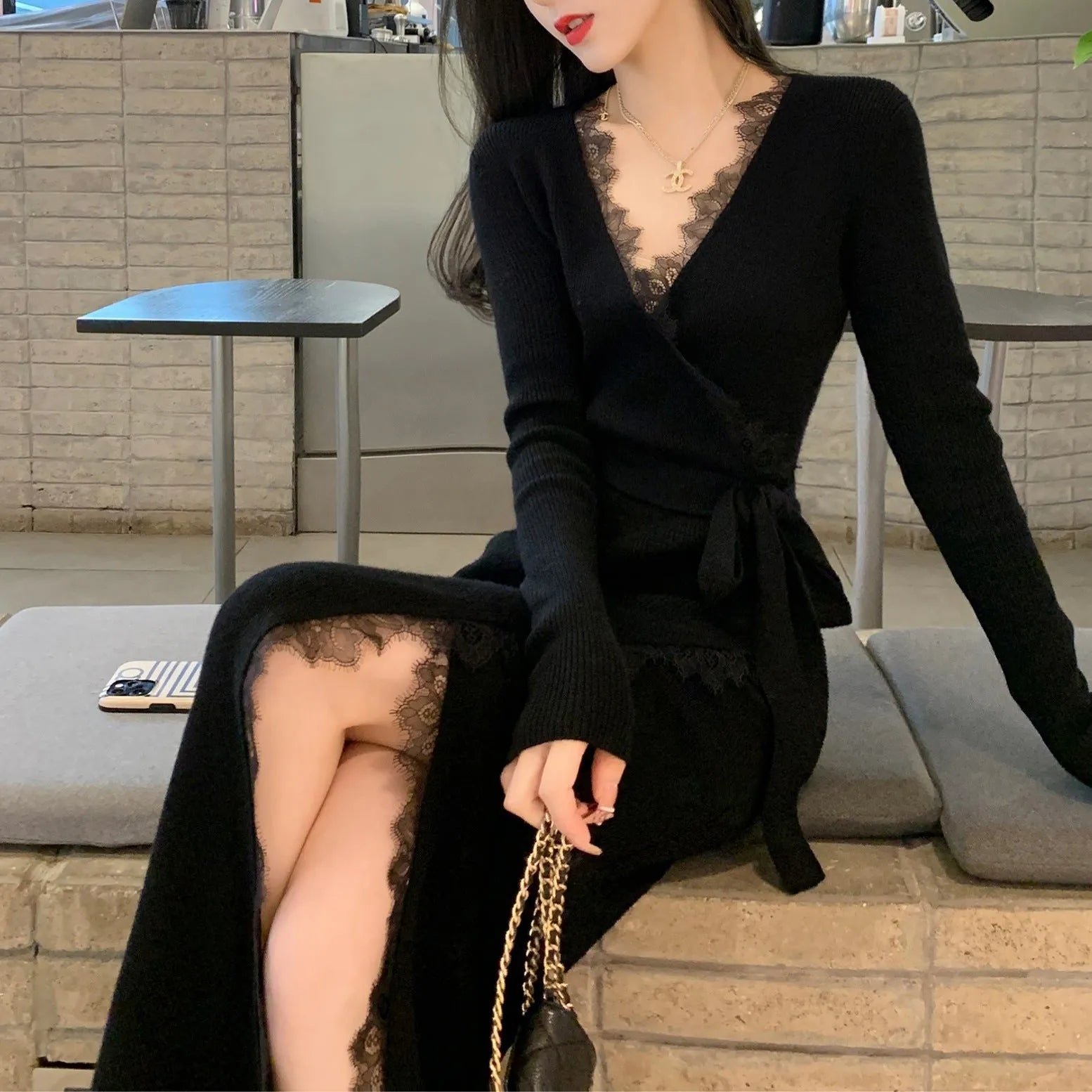 Black women's slim fit woolen skirt with princess dress styling