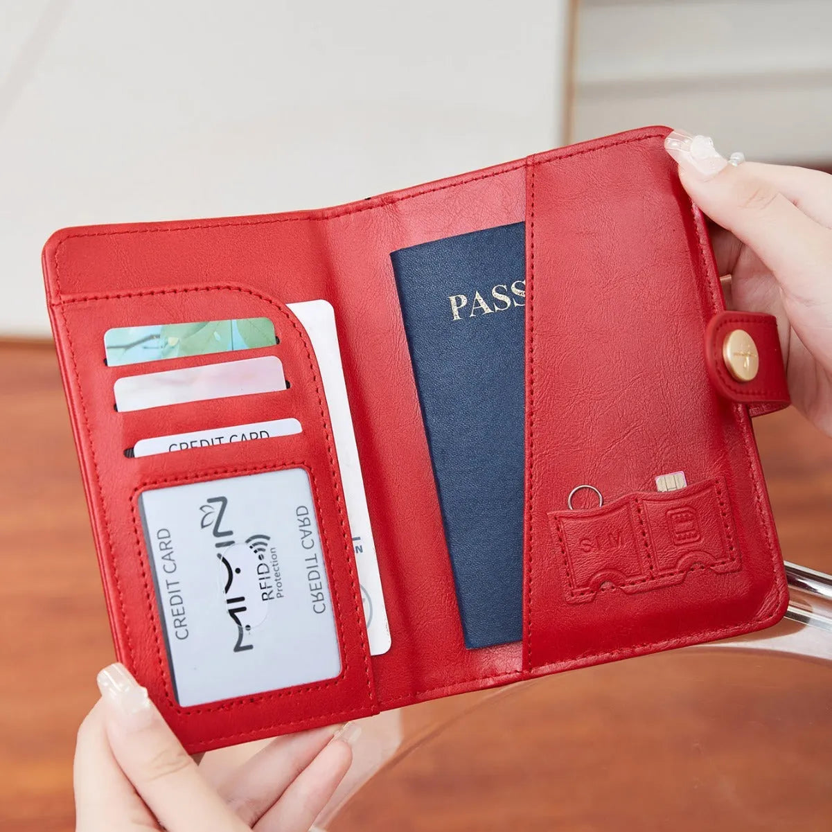 PU passport holder document wallet in multiple colours with sewn detailing and anti-theft function