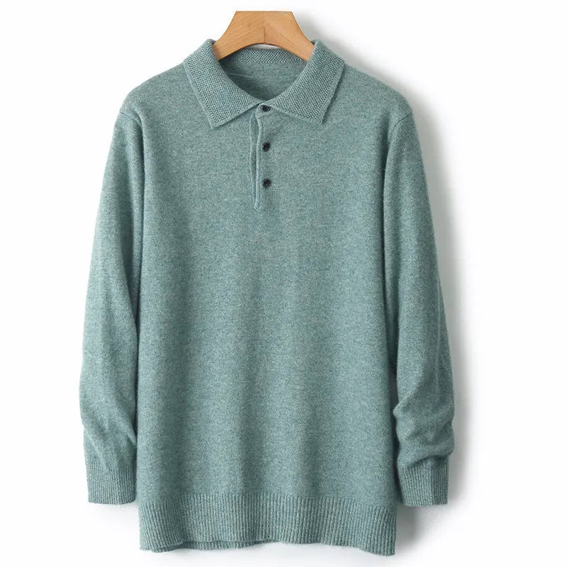 Men's wool polo collar pullover sweater in noble blue colour on a hanger