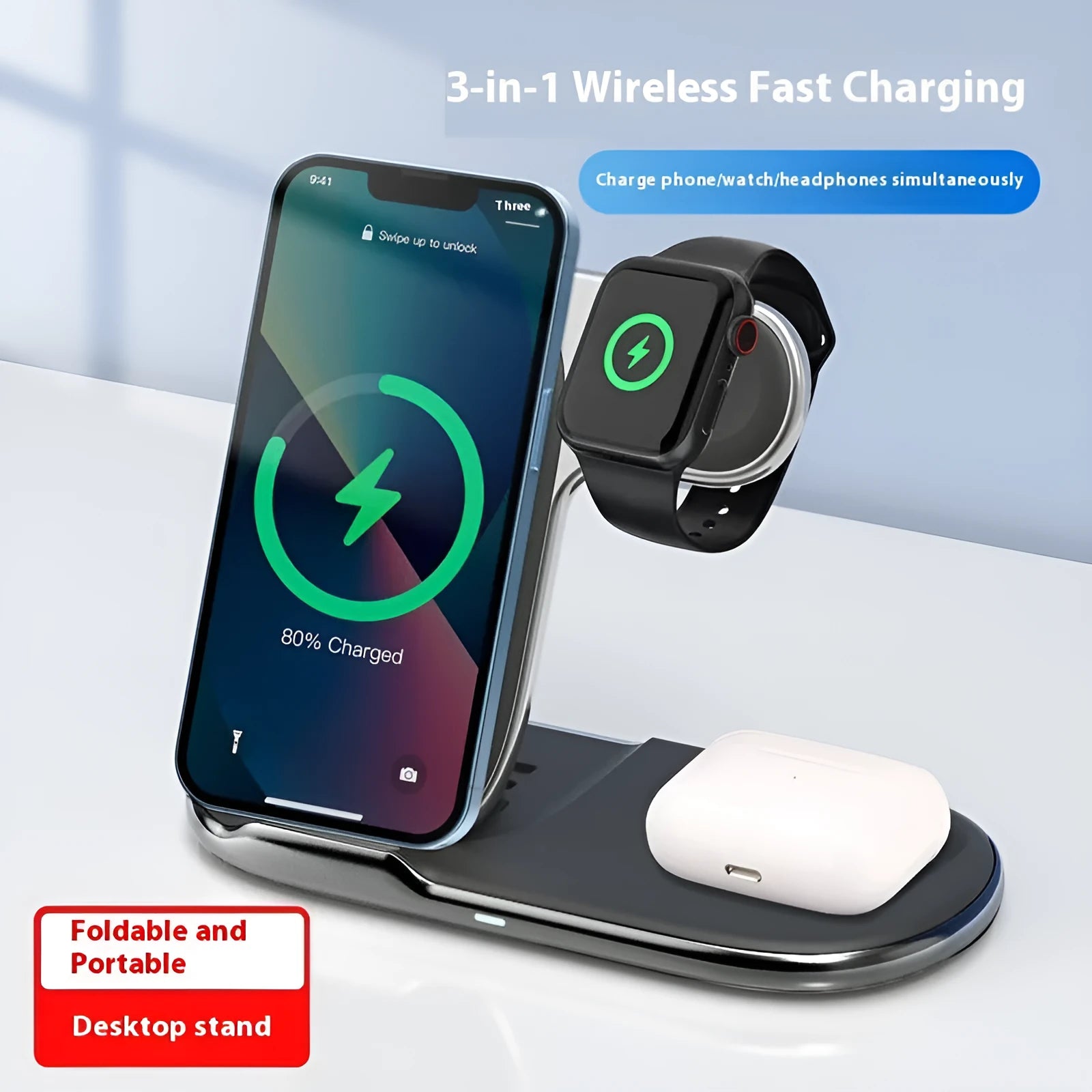 Foldable 3-in-1 magnetic wireless charger 15W in black on a desk