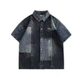 Blue men's loose-fit denim shirt with Japanese retro wash and stitching details, shown open as a cardigan.