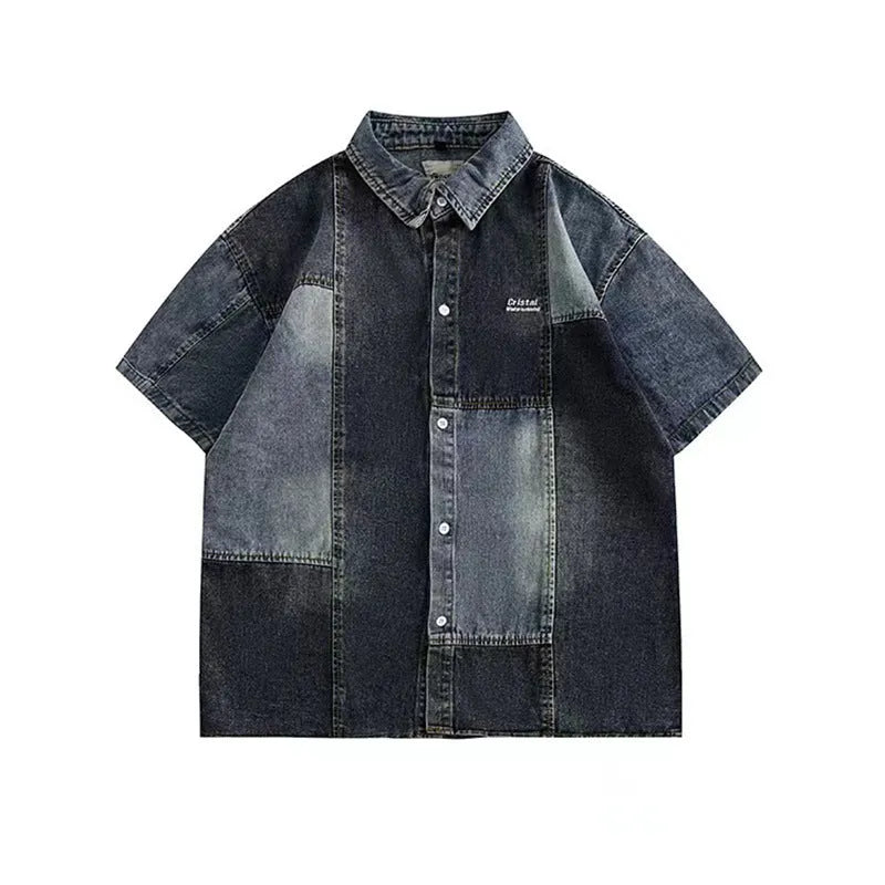 Blue men's loose-fit denim shirt with Japanese retro wash and stitching details, shown open as a cardigan.