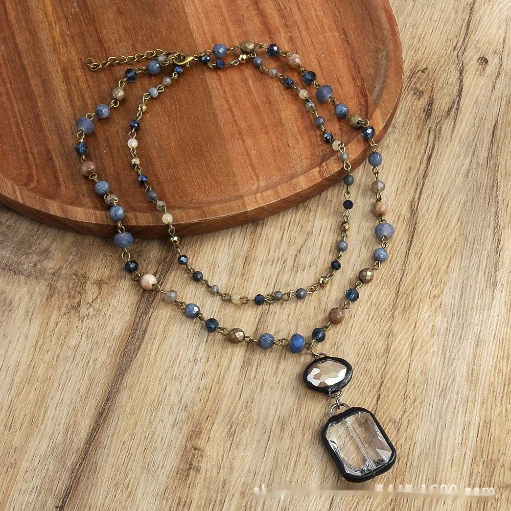 Two-layer tribal necklace with stone and glass pendant on adjustable alloy chain