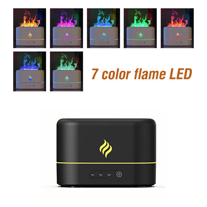 Black USB-powered humidifier diffuser with seven-colour flame effect lighting and mist outlet