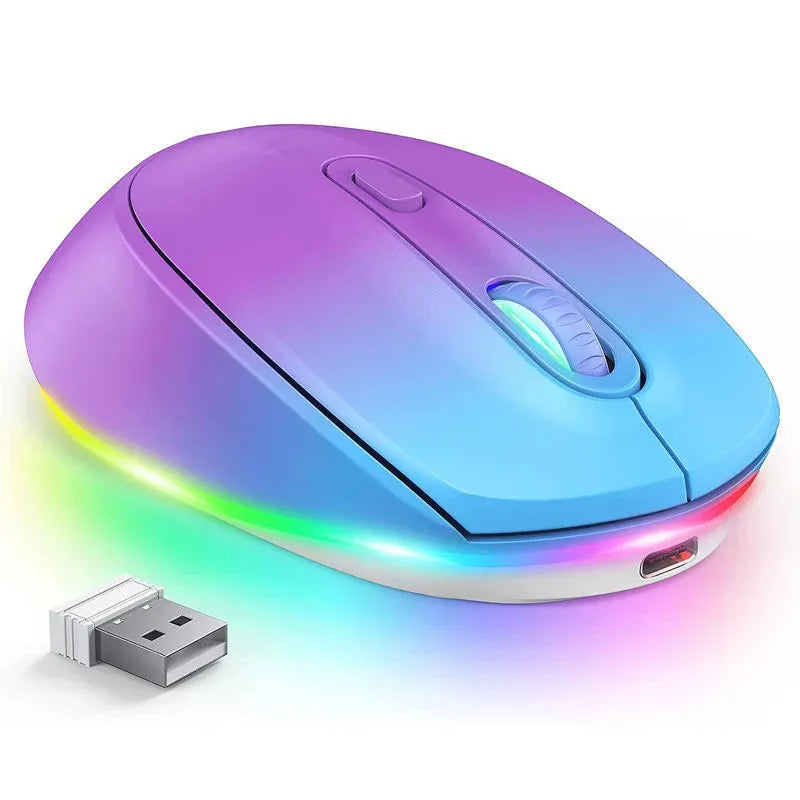 24g rechargeable wireless mouse in various colours, shown with USB charging cable.