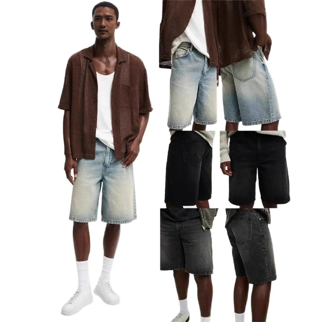 Men's loose straight-leg jeans in light blue, black, and grey denim with cotton composition