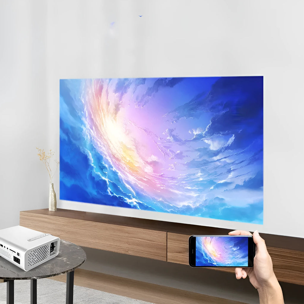 YG530 mini mobile phone projector in black or white showing wireless connection to smartphone