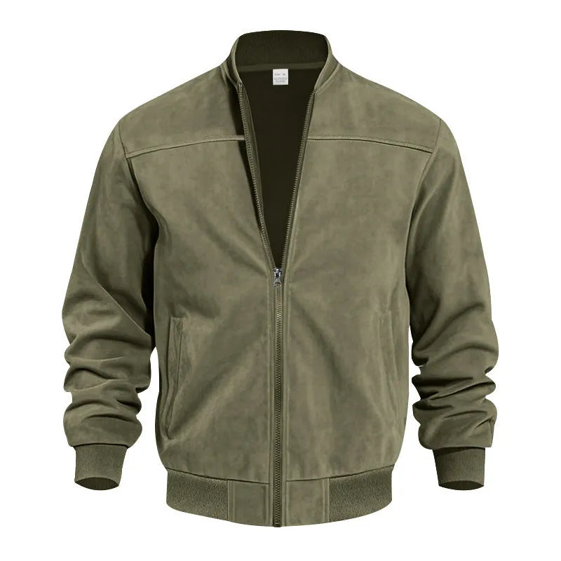 Men's plus size suede zip-up jacket in Army Green colour on a hanger.