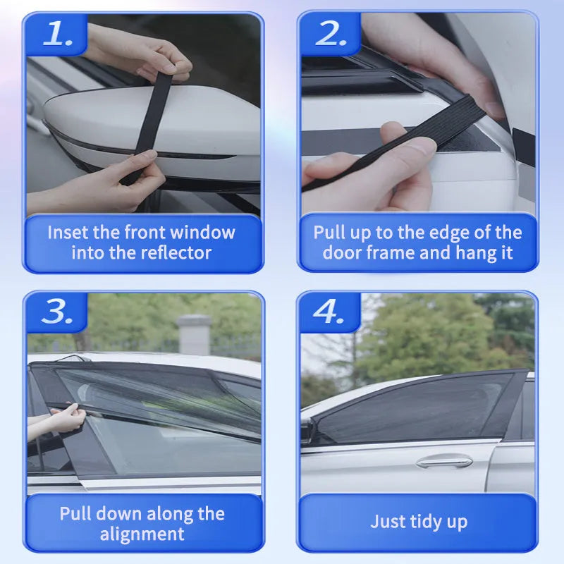 Set of four grey non-woven fabric mesh car side window sunshades with elastic edges.