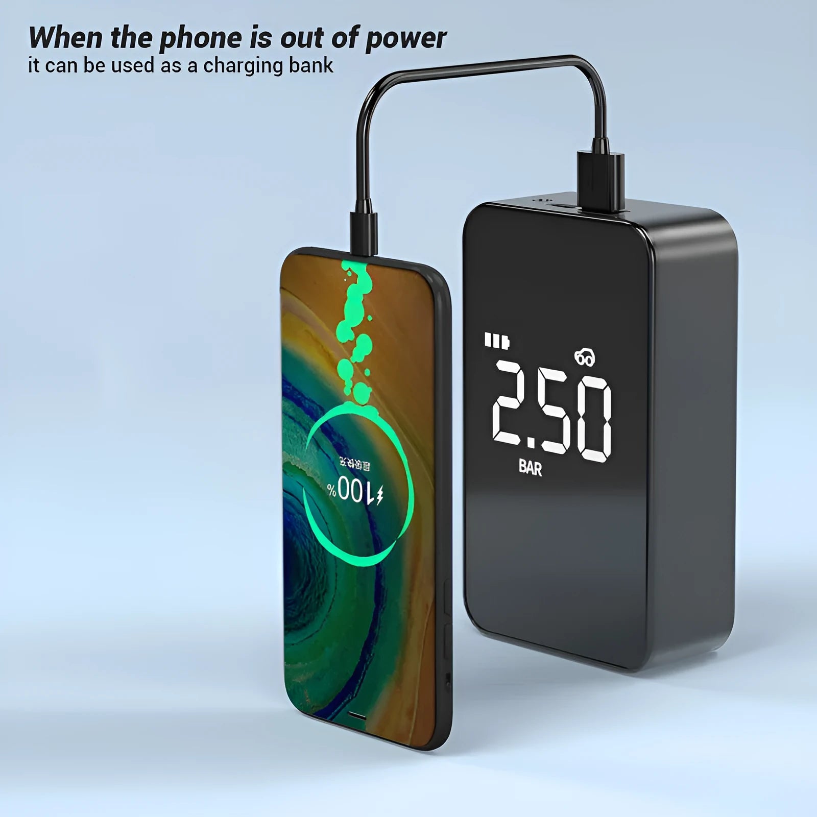 Wireless digital display tyre inflator pump with large screen showing pressure reading