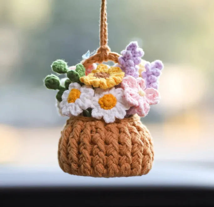 Green and white knitted wool succulent car ornament with 8cm base and hanging cord