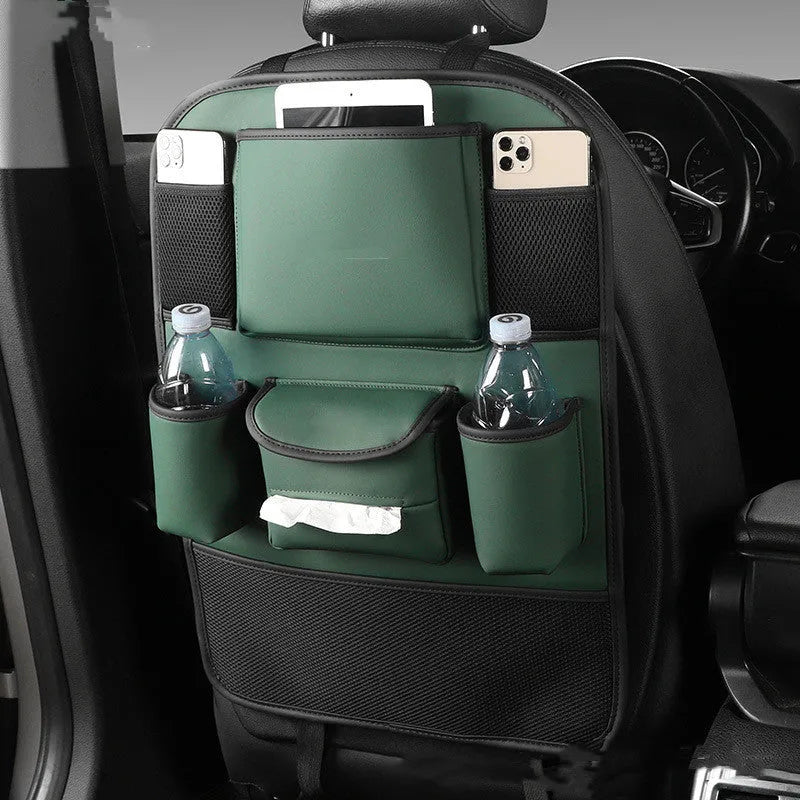 Leather car seat back storage bag hanging from a headrest, shown in brown colour.