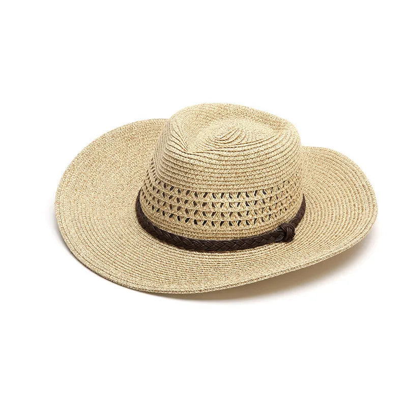 Men's foldable straw sun hat with wide brim in beige colour